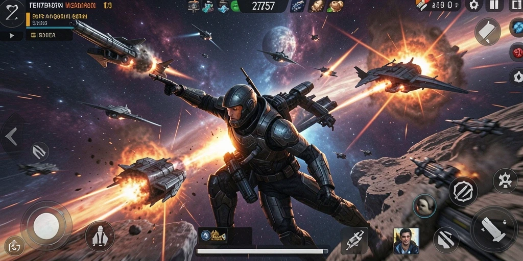 Screenshot 2757 menampilkan pertempuran luar angkasa yang intens.