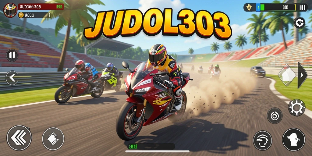 Screenshot JUDOL303 menampilkan aksi balapan motor yang penuh kecepatan.