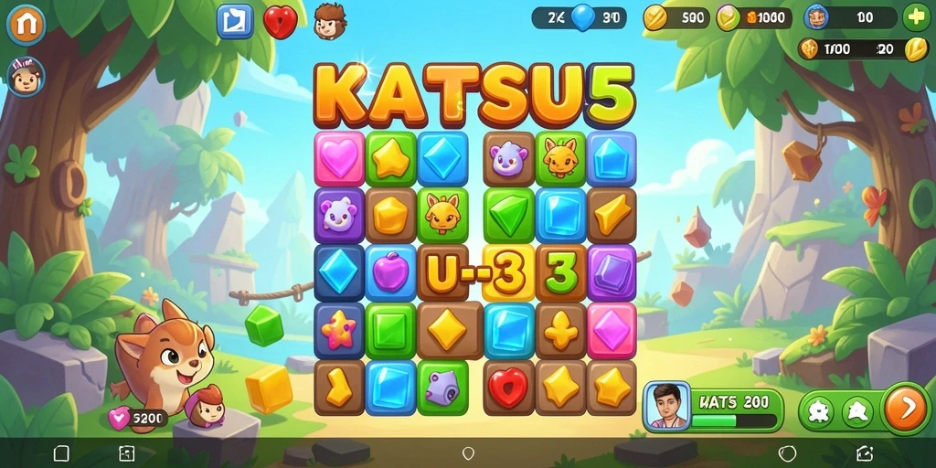 Screenshot gameplay KATSU5 menampilkan kombinasi elemen yang seru.
