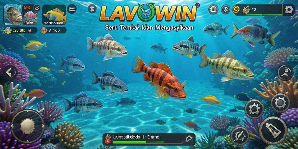 Tampilan screenshot LAVOWIN yang menunjukkan aksi menembak ikan di lautan.
