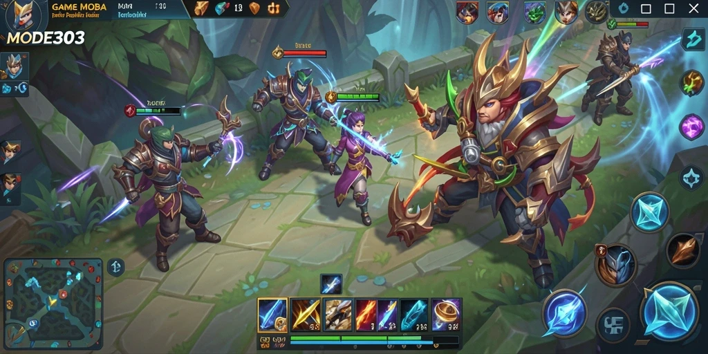Tampilan layar permainan <strong>MODE303</strong> dengan aksi MOBA yang intens dan karakter unik.
